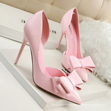 2019 Hot Selling Pink Color Bow High-heeled Shoes Thin Heel Open Toe PU Upper Women Dress Shoes